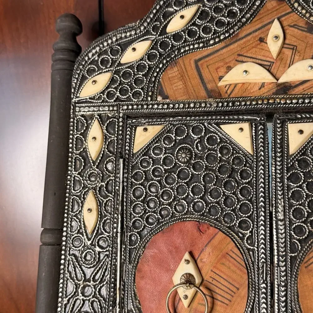 Vintage Moroccan Wall Mirror With Camel Bone Inlay, Leather, And Metalwork